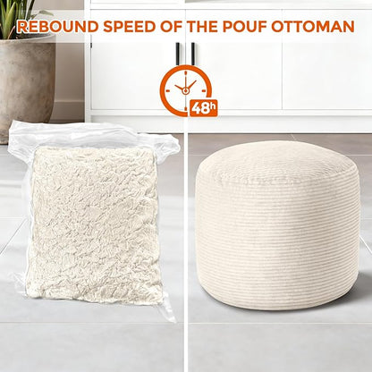 Pouf Ottoman Foot Rest, Comfortable & Soft, Round Footstool Ottoman for Living Room, Bedroom, Office, Room Decoration, Corduroy Foot Stool Pouf with Odorless & Anti-Clump Filling, Small Beige