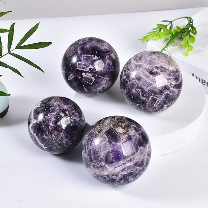 JIC Gem 2.7-3.1 inch(70-80mm) Large Chevron Amethyst Crystal Ball Healing Crystals Sphere with Wooden Stand Meditation Home Decor