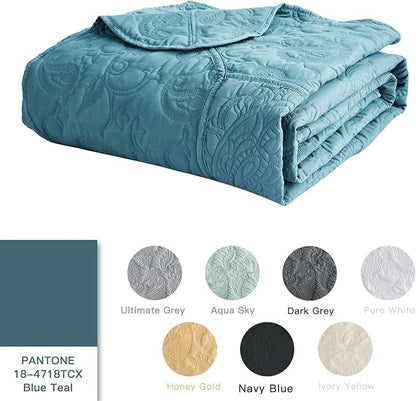 HZ & HY Oversized King Bedspread 128x120 Extra Wide - Paisley Pattern Quilt Set - Gorgeous & Elegant Style Bedding Coverlets, Reversible, Lightweight, 5 Piece, Lagoon Blue
