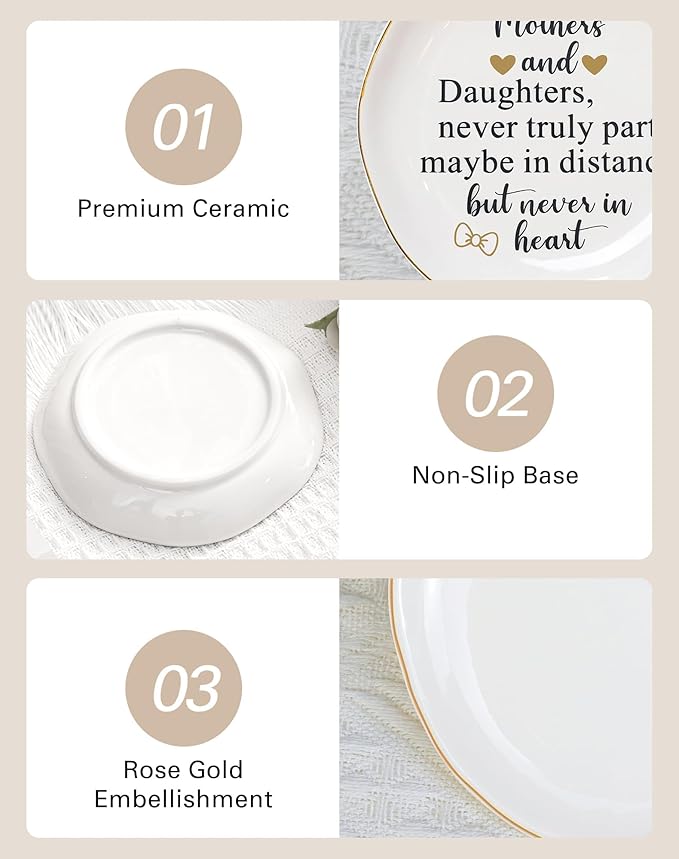 Fmeida Mother Gifts from Daughter - Mothers & Daughters never truly part maybe in distance but never in heart Jewelry Tray, Ceramic Ring Dish Christmas Gifts for Mom Birthday Thanksgiving Mother's Day