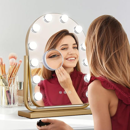 Vanity Mirror with Lights,17.3"×13" Lighted Makeup Mirror with 12 Dimmable LED Bulbs,10X Magnification Smart Touch Control Hollywood Mirror with Lights,3 Colors Dimmable,360° Rotation (Gold)