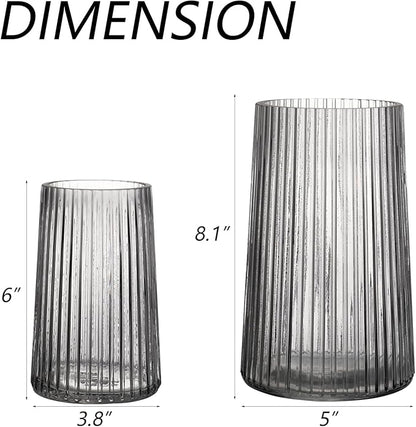 Ribbed Flower Vases Set of 2, Black Vases for Flowers, Flower Vase for Bouquet, Modern Ribbed Glass Vase for Living Room, Bedroom, Dining Table, Office, Wedding, Centerpieces
