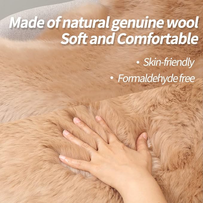 Premium Genuine Fur Sheepskin Rug Real Australia Sheepskin Natural Luxury Fluffy Lambskin Fur Area Rug Seat Covers for Kids Bedroom Sofa Chair Cover (Light Brown, Single Pelt/2ft x 3ft)