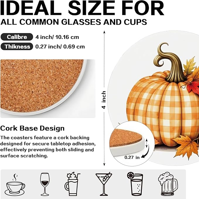 zcyhtqp, Funny Absorbent Round Ceramic Stone Coasters Set of 4 with Cork Base, Fall Pumpkins Ceramic Coasters, Gifts for Home, Kitchen, Bar, Coffee Table, Office Table Décor