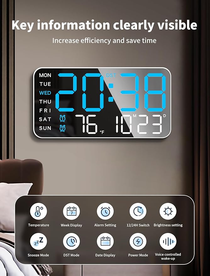 MASHI 8.4''Large Digital Wall Clock, Led Alarm Clock with Big Digits, Date, Temperature, DST, Modern Decor Design for Desk,5-Level Brightness for Room, Bedroom, Gift, Yougster and Elderly