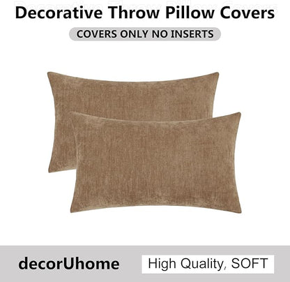 decorUhome Chenille Reddish Brown Throw Pillow Covers 12x20 Inch Set of 2, Decorative Soft Couch Pillow Covers Solid Dyed Accent Velvet Farmhouse Neutral Rectangle Pillow Cases for Sofa Living Room