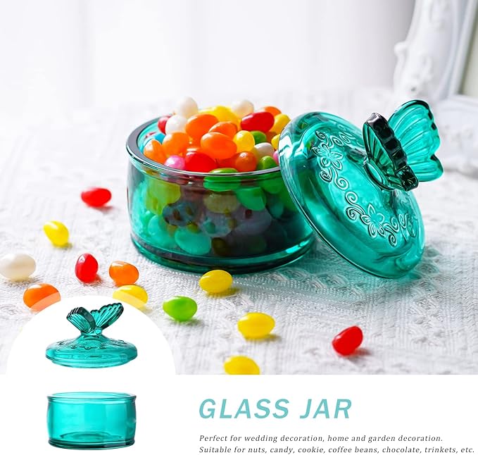 kanpura Green Embossed Glass Jar with Lid,Crystal Glass Candy Dish,Candy Jars Jewelry Box for Christmas Party Buffet, 3.5 oz