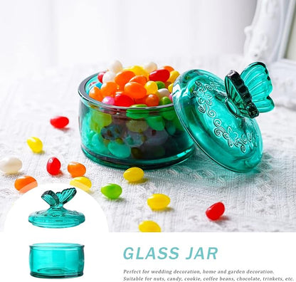 kanpura Green Embossed Glass Jar with Lid,Crystal Glass Candy Dish,Candy Jars Jewelry Box for Christmas Party Buffet, 3.5 oz