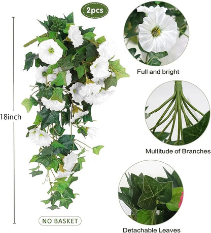 RECUTMS Artificial Fake Hanging Flowers Plants for Outdoor Spring Decor, 2 Pcs UV Resistant Faux Petunias Trailing Plants Realistic Flower Look Real for Door Wall Yard Porch Garden Planter (White)