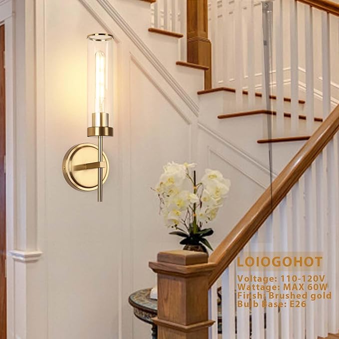Wall Sconces Set of Two,Modern Bathroom Sconces Wall Lighting 16" 60W Brushed Gold Sconces Wall with Clear Glass Shade for Living Room Corridor Mirror Bedroom Stairs