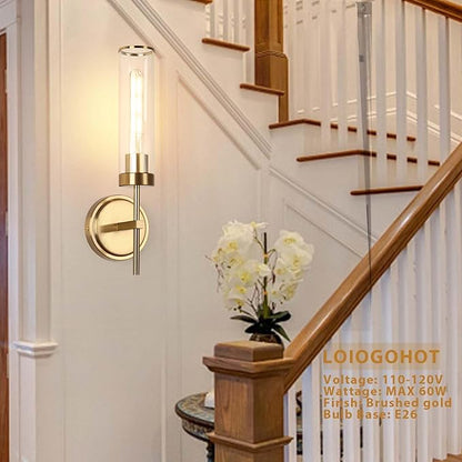 Wall Sconces Set of Two,Modern Bathroom Sconces Wall Lighting 16" 60W Brushed Gold Sconces Wall with Clear Glass Shade for Living Room Corridor Mirror Bedroom Stairs