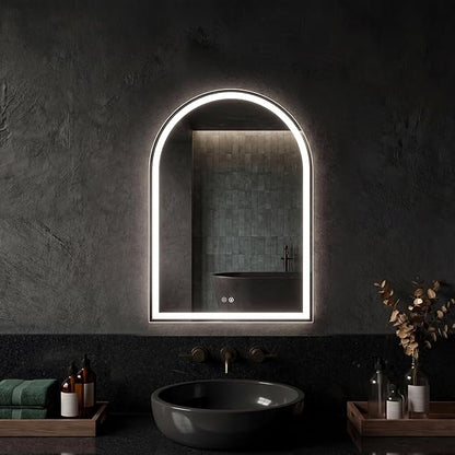 Sweetcrispy 20"×28" LED Bathroom Mirror with Lights, Arched Vanity Mirror with Anti-Fog, Dimmable, 3-Color Light, Memory Function, Tempered Glass