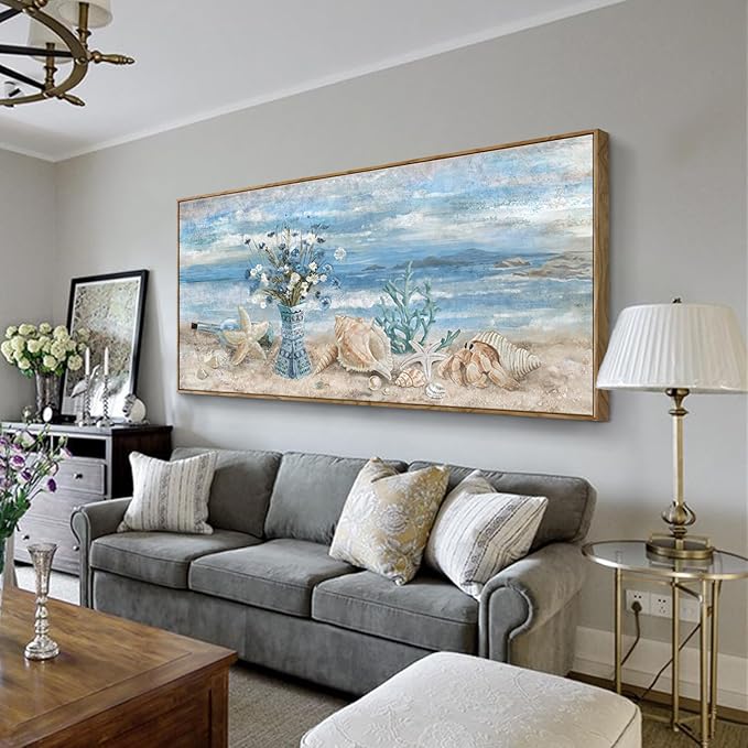 Nicetop Extra Large Framed Canvas Wall Art for Living Room Blue Ocean Theme Seascape Painting Beach Daisy Flower in Vase Coastal Landscape Calm Seaside Artwork for Sea Lake Bedroom Office 32x71inch