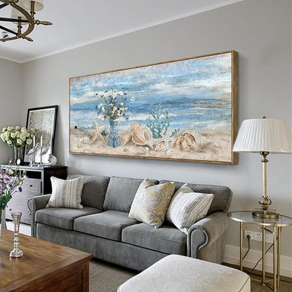 Nicetop Extra Large Framed Canvas Wall Art for Living Room Blue Ocean Theme Seascape Painting Beach Daisy Flower in Vase Coastal Landscape Calm Seaside Artwork for Sea Lake Bedroom Office 32x71inch