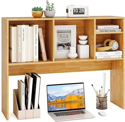 GOFLAME 4 Cubes Desktop Bookshelf, 37” Tabletop Wood Desk Shelf for Computer Monitor, Modern Countertop Desk Display Hutch Storage Organizer Shelf for Home Office, Dorm, Study (Burlywood)