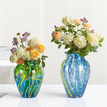 Glass Vases for Flower, Unique Hand Blown Green Glass Vase, Modern Art Decorative for Home Living Room, Office, Table centerpieces, Bookshelves and Wedding Decorations (JG31)