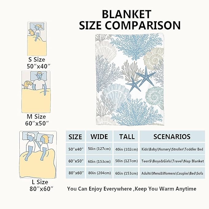 Nautical Coastal Blanket Starfish Seashell Coral Beach Themed Throw Blankets Gifts for Adults Sea Ocean Theme Lightweight Soft Fleece Cozy for Sofa Couch Bed Room Birthday Decor 60x80in