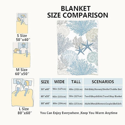 Nautical Coastal Blanket Starfish Seashell Coral Beach Themed Throw Blankets Gifts for Adults Sea Ocean Theme Lightweight Soft Fleece Cozy for Sofa Couch Bed Room Birthday Decor 60x80in