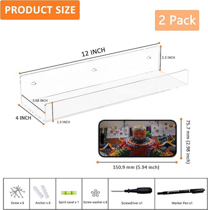 12'' Clear Acrylic Wall Shelf 2 Pack, Tranparent Perspex Floating Shelves, Acrylic Shelf for Bedroom, Living Room, Dining Room, Kitchen, Bathroom, Dining Room