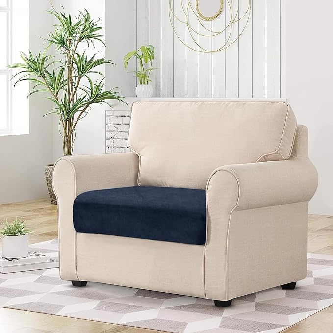 Couch Cushion Cover Velvet 1 Piece Seat Cushion Cover Stretch Armchair Cover Separate Sectional Sofa Slipcovers Furniture Protector (1-Seater or Sofa Backrest, Navy)