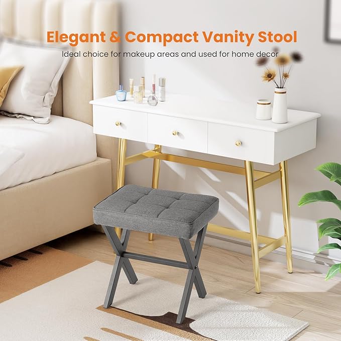 Sweetcrispy Vanity Stool Ottoman, Square Linen Makeup Stool Metal X Legs, Small Footstool Chair for Vanity, Modern Padded Seat Foot Rest for Makeup Room, Bathroom,Living Room, Entryway, Gray