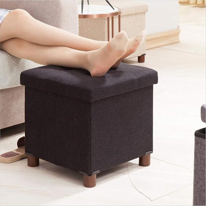 15 Inch Storage Ottoman with Wooden Legs - Cube Foot Rest Stool, Square Footstool, Comfortable Seat with Lid, Foldable Fabric Ottoman, Space-Saving Black