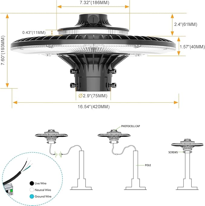 200W 150W 120W LED Post Top Light with Photocell, 28000 lumens 3000K 4000K 5000K Circular Area Pole Lights, IP65 Waterproof Outdoor Post Light for Garden Pathway Yard Lighting UL Listed, AC100-277V