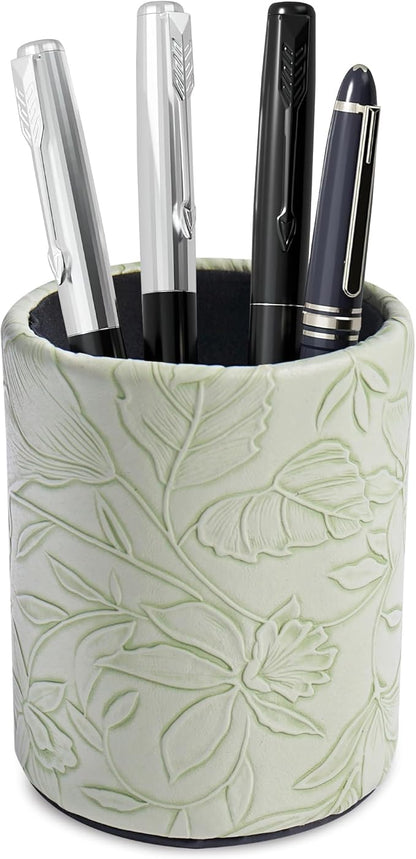 PU Leather Pen Holder Round Flash Makeup Brush Holder Desktop Pencil Storage Holder Gift for Desk Office Classroom Home(1-Carved Green)