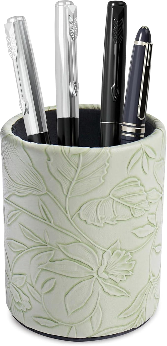 PU Leather Pen Holder Round Flash Makeup Brush Holder Desktop Pencil Storage Holder Gift for Desk Office Classroom Home(1-Carved Green)