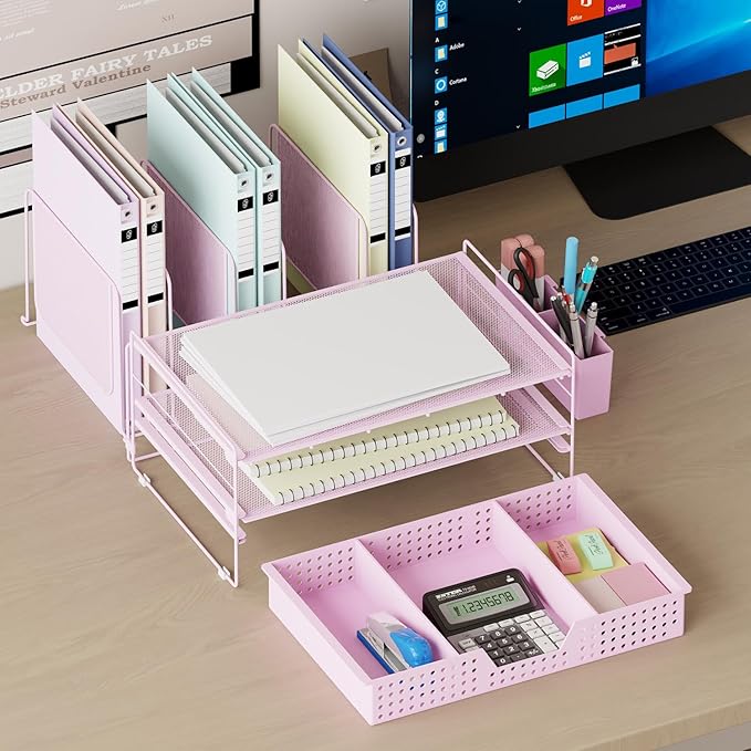 Pink Desk Organizer, Office Organization with Vertical File Holder, File Organizer with Drawer and Pen Holder, Desk Accessories and Workspace Organizers for Home Office (Pink)