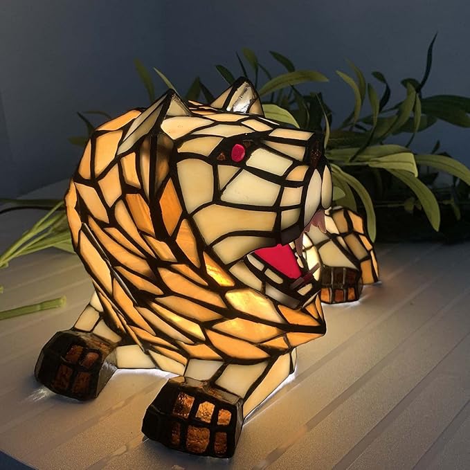 Bieye L10828 Roaring Lion Table Lamp Tiffany Style Stained Glass Accent Night Light for Children's Room Nursery Home Décor
