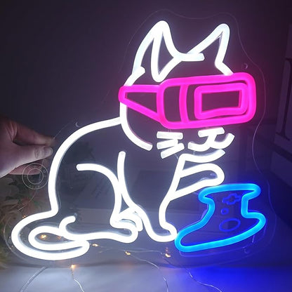 SYLHOME Game Cat Led Neon Light Sign Gamer Controller Pad Bedroom Game Room Bar Pub Man Cave Wall Sign Decor Gamer Teen Birthday Decoration USB 13"X12" Dimmer