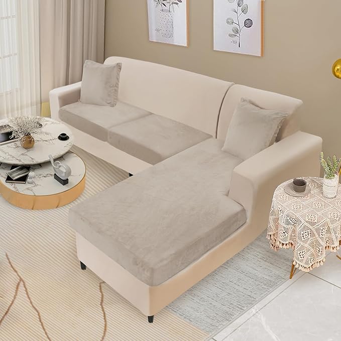 NAISI Sectional Couch Cover 3 Pieces Velvet Separate Couch Cushion Covers L Shape Soft Stretch Sofa Slipcovers with 2pcs Pillowcases for Left/Right Chaise Sectional Couch(2 Seater+1 Chaise,Taupe)