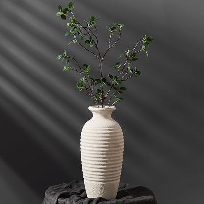 Ceramic Natural Rustic Vase, 14.4 Inch Large Vintage Flower Threaded Decorative Farmhouse Tall Vase for Home Decor, Living Room, Shelf Decor, Wedding, Housewarming Gift, Off-White