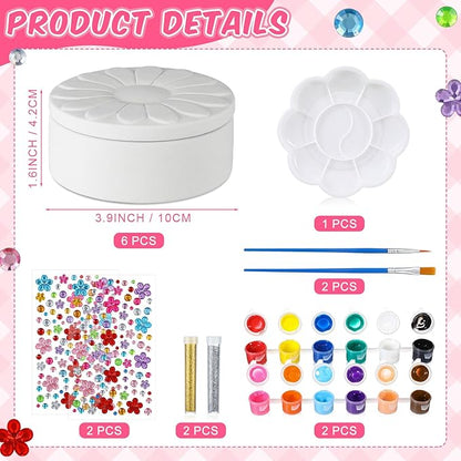Teenyyou 15 Pcs 6 Sets Paint Your Own Ceramic Jewelry Box Painting DIY Craft Set Unfinished Dasiy Treasure Box with 2 Strips of Paints 2 Brushes 1 Palette 2 Diamond Stickers 2 Glitters