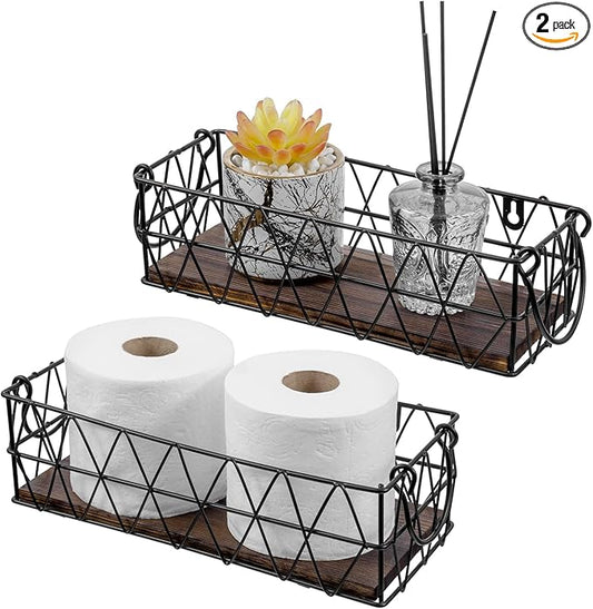 MyGift 2 Piece Wall Mounted Black Geometric Metal Nesting Storage Basket with Rustic Solid Burnt Wood Base, Small Tabletop Decorative Metal Wire Bins with Handles