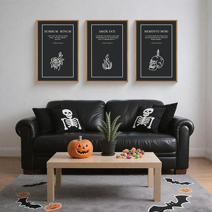 HLNIUC Halloween Canvas Wall Art Set of 3, Black Skeleton Meditations Home Decor, Amor Fati Memento Mori Stoic Art(16x24),Vintage Flower Fire Marcus Aurelius Painting for Living Room, Bedroom, Office