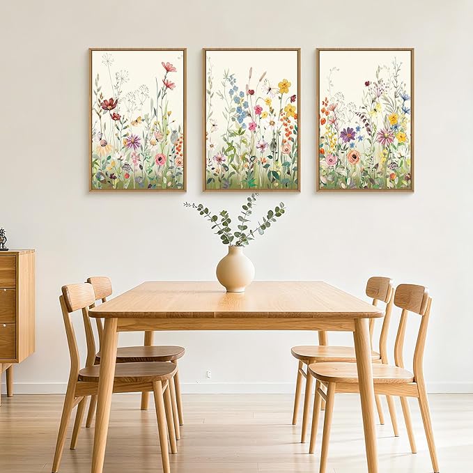 Watercolor Colorful Wildflower Framed Canvas Wall Art Set,Modern Nature Flower Wall Decor,Natural Pink Green Floral Botanical Artwork for Living Room, Bedroom,Farmhouse- 24"x36"x3