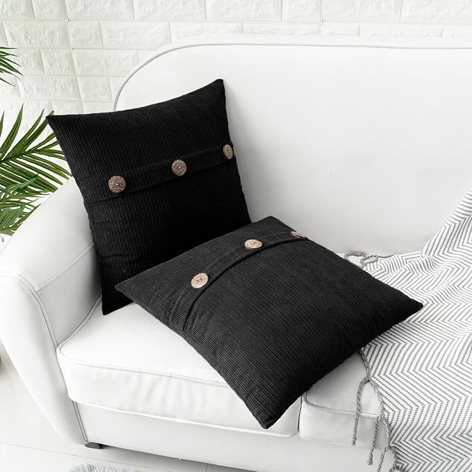 HWY 50 Black Chenille Throw Pillow Covers 16x16 Inch with Triple Buttons, Soft Farmhouse Accent Decorative Cushion Cases for Couch Sofa Bed Bedroom Pack of 2