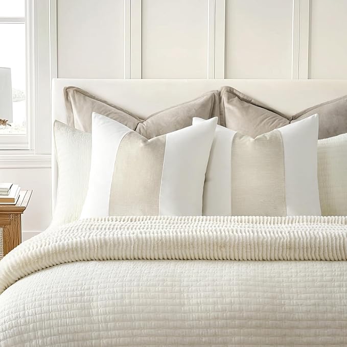 EVERGRACE x Kinsey Walsh Signature Velvet Panel Cotton Pillow Covers Set of 2, Decorative Pillow Covers 22"x22" for Couch, Square Cushion Cases for Sofa Bedroom Living Room, Off White Pearl