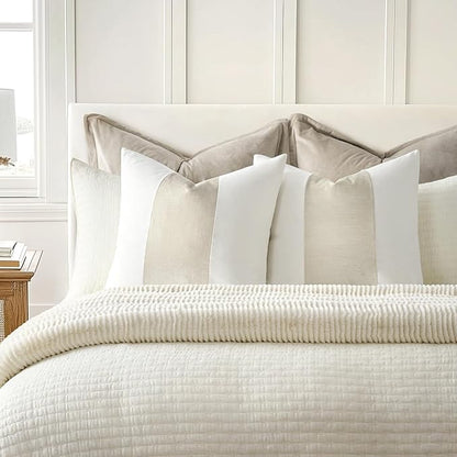 EVERGRACE x Kinsey Walsh Signature Velvet Panel Cotton Pillow Covers Set of 2, Decorative Pillow Covers 22"x22" for Couch, Square Cushion Cases for Sofa Bedroom Living Room, Off White Pearl