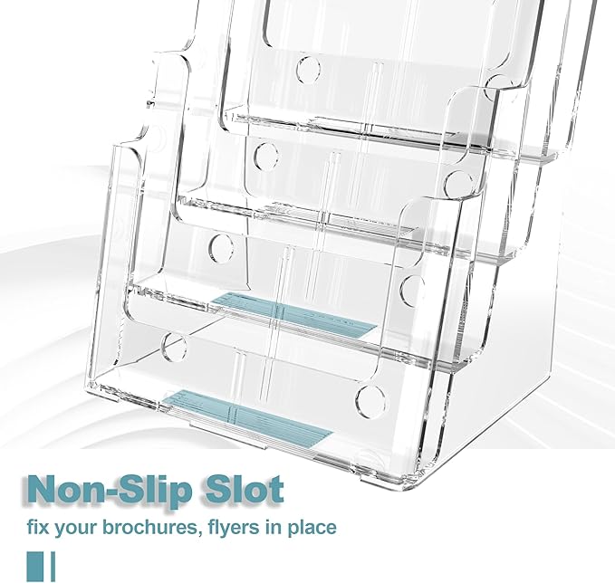 Brochure Holder 8.5x11 Inch 4 Tier with Removable Divider for 4x9 inch Clear Acrylic Pamphlet Display Stand Holder Countertop Use or Wall Mount for Office, Lobby, Hotel, Trade Show, 1 Pack