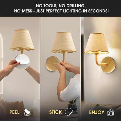 Set of Two Stick-On Hand Woven Wall Sconces, Battery Operated Wireless Wall Sconces with Remote Controlled, Adjustable Brightness Living Room Wall Decor(E26 Bulb Included)