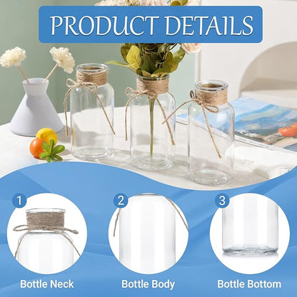 12PCS Transparent Glass Flower Vases for Centerpieces Boho Cylinder Bud Vases in Bulk Mason Jars for Weddings, Parties & Vintage Home Decor(Transparent 12)