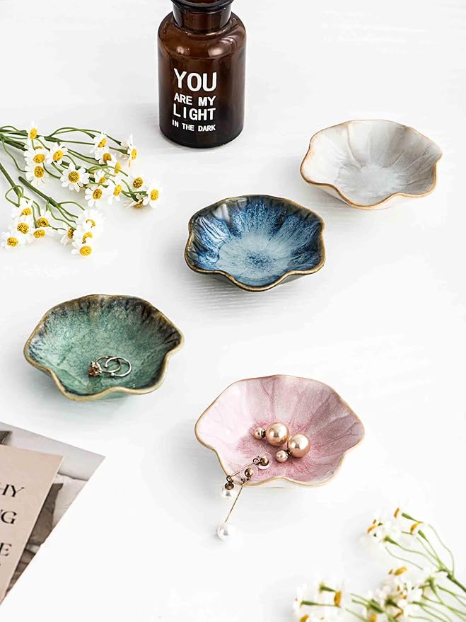 UNICASA Ceramic Lotus Jewelry Dish Set of 4, Decorative Jewelry Trays Set, 4.25 inch Trinket Dish - for Necklace, Ring, Watch Keys, Bracelet, Earrings, Mother's Day, Christmas, Wedding for Women