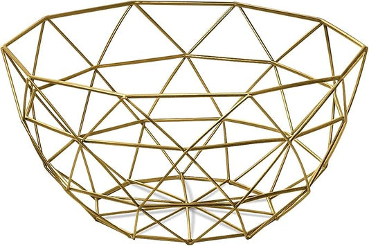 IBWell Geometric Gold Wire Fruit Bowl – Modern Iron Storage Basket for Kitchen Counter, Large