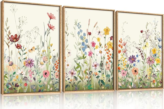 Watercolor Colorful Wildflower Framed Canvas Wall Art Set,Modern Nature Flower Wall Decor,Natural Pink Green Floral Botanical Artwork for Living Room, Bedroom,Farmhouse- 24"x36"x3