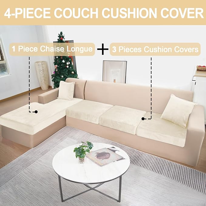 Sectional Couch Covers for 4-Piece Seat Cushion Velvet Separate L Shape Couch Cover Stretch Sofa Slipcover with 2 Pieces Pillowcases Furniture Protector (Sofa 3 Seater + 1 Chaise, Milk White)