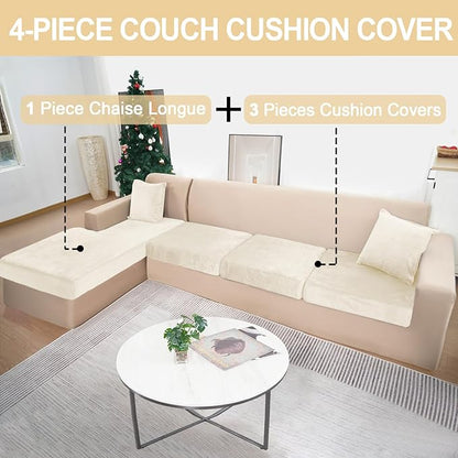 Sectional Couch Covers for 4-Piece Seat Cushion Velvet Separate L Shape Couch Cover Stretch Sofa Slipcover with 2 Pieces Pillowcases Furniture Protector (Sofa 3 Seater + 1 Chaise, Milk White)