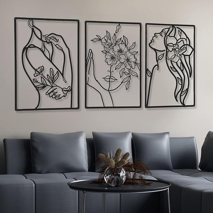 Cindeer 6 Pieces Black Metal Bedroom Wall Decor Minimalist Metal Wall Art Modern Abstract Woman Line Art Living Room Decor Aesthetic Female Bedroom Pictures Sculpture Line Drawing Hanging